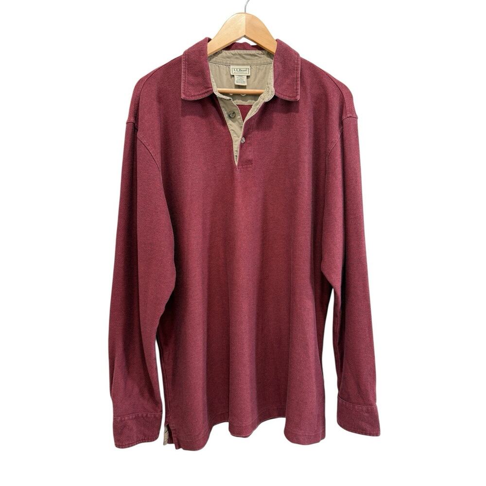 Vintage LL Bean Polo Shirt Men L TBurgundy Pullover Golf Rugby Herringbone Thick